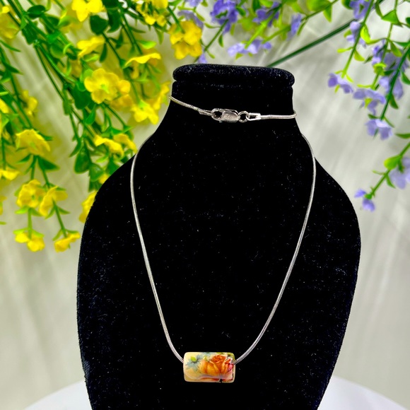 925 Sterling Silver Italy Vintage Wooden Hand Painted Dloral Bead Necklace - Picture 1 of 6